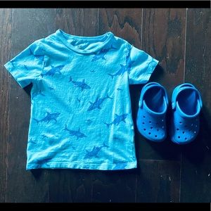 Blue toddler Crocs/H&M shark shirt